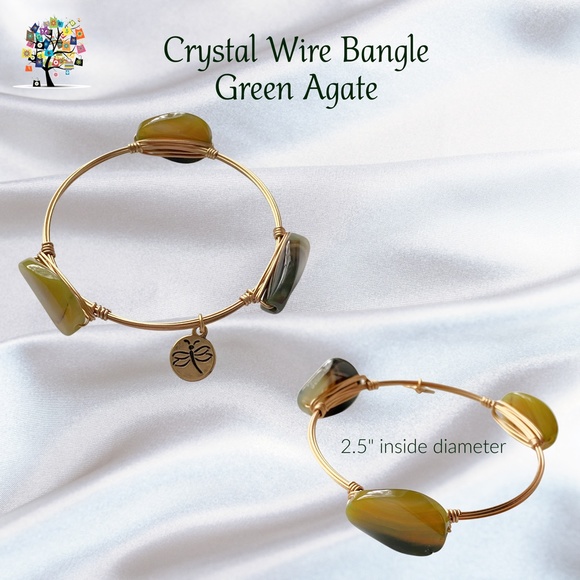 Crystal Wire Bangle Green Agate Oval Stones - Picture 1 of 2